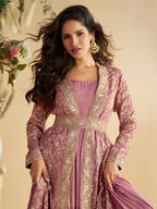 Evanik Pink Chinon Silk With Embroidered Work Gown With Shrug & Belt | Grocsy