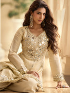 Evanik Cream Silk Blend Mirror Embroidery Work Kurti Palazzo Set With Dupatta | Grocsy