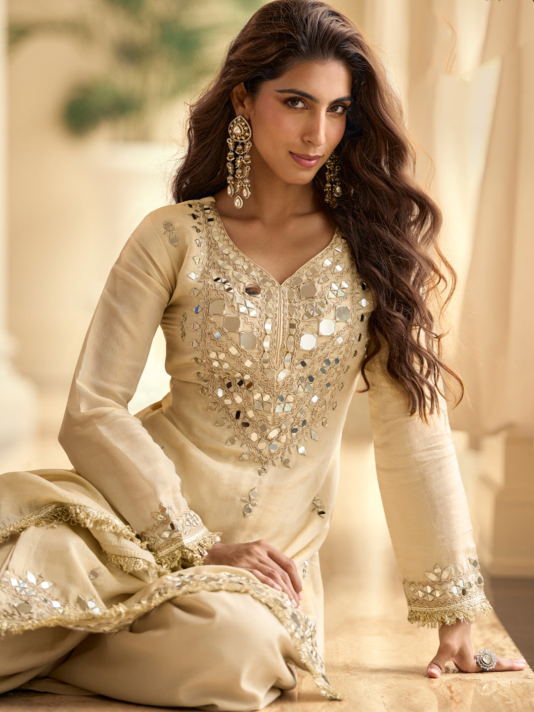 Evanik Cream Silk Blend Mirror Embroidery Work Kurti Palazzo Set With Dupatta | Grocsy