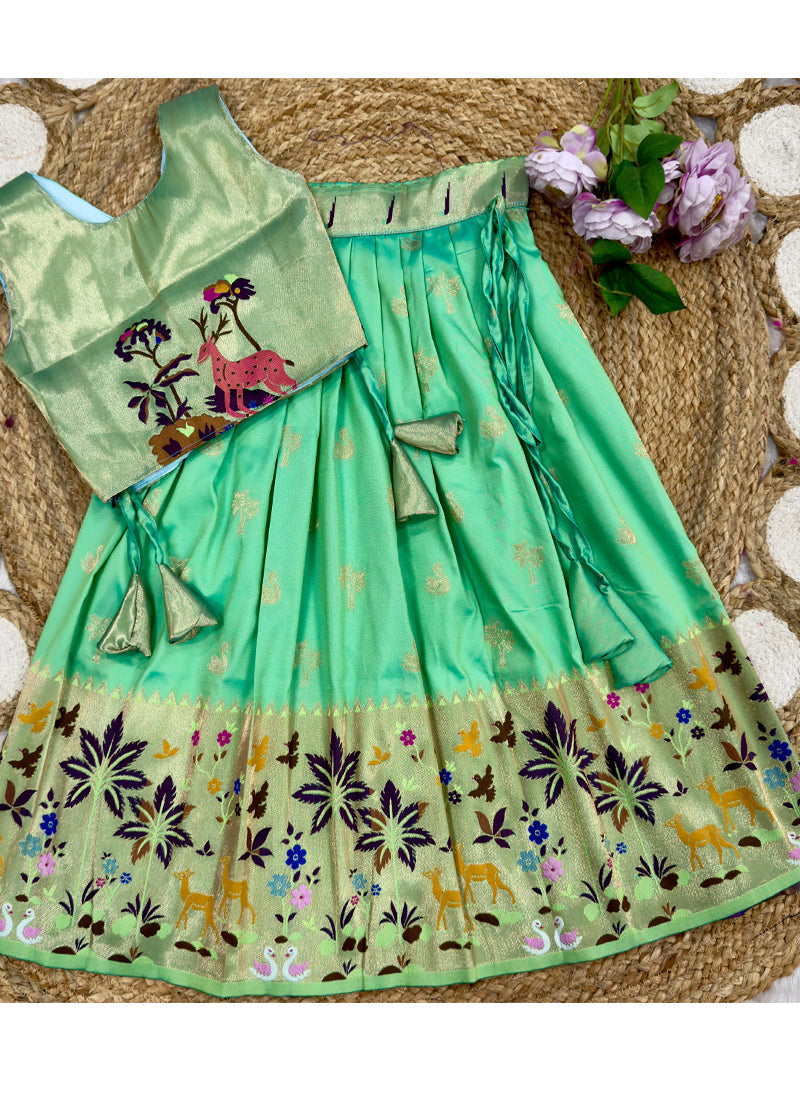 Evanik Green Soft Silk Paithani Design Zari Weaving Pavadai Lehenga Choli For Kids | Grocsy