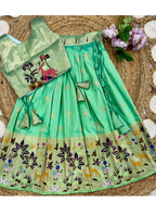 Evanik Green Soft Silk Paithani Design Zari Weaving Pavadai Lehenga Choli For Kids | Grocsy
