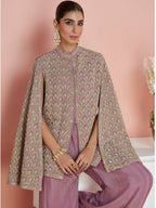 Evanik Women Mauve & Gold Printed Cape Style Kurta With Flared Palazzo Pants | Grocsy