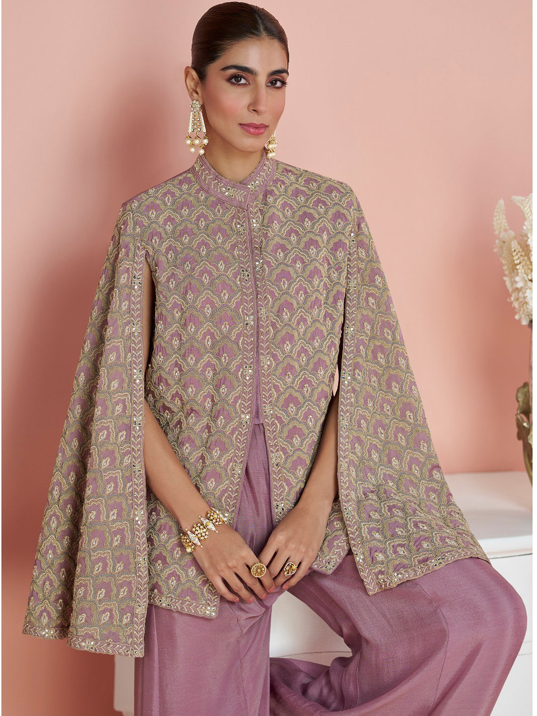Evanik Women Mauve & Gold Printed Cape Style Kurta With Flared Palazzo Pants | Grocsy