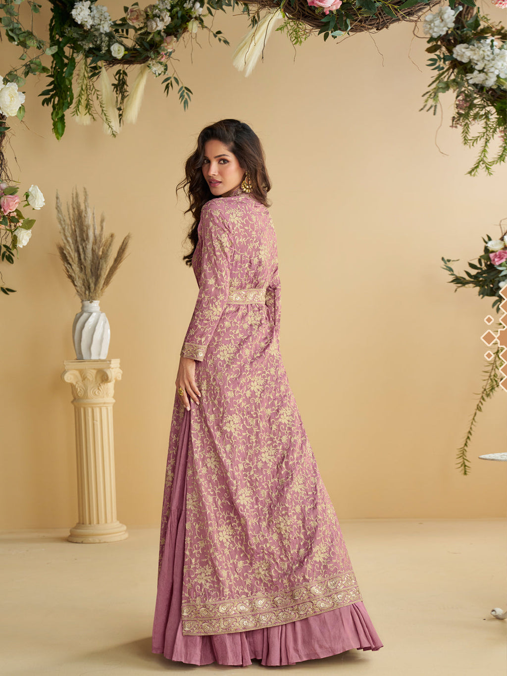 Evanik Pink Chinon Silk With Embroidered Work Gown With Shrug & Belt | Grocsy