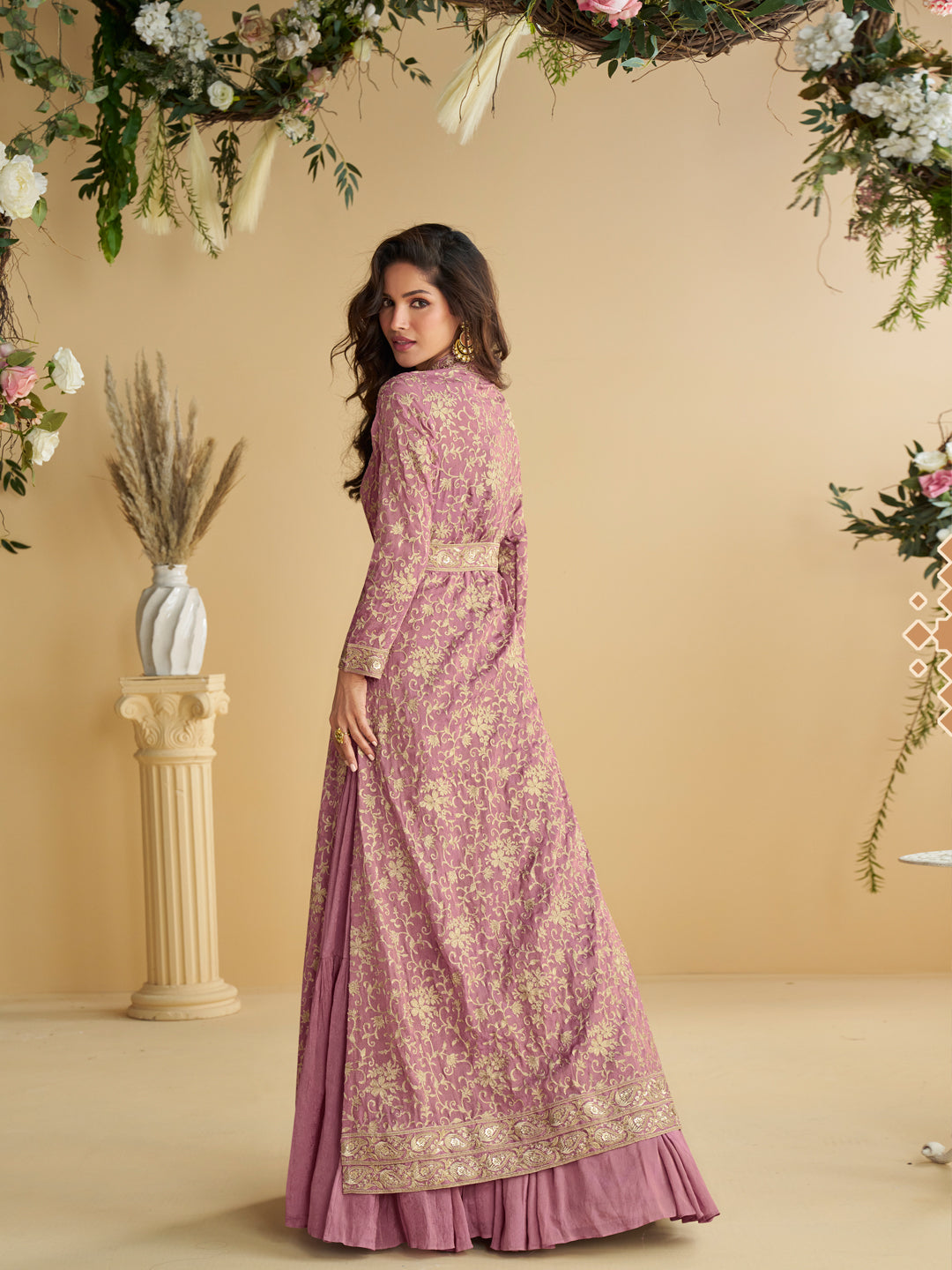 Evanik Pink Chinon Silk With Embroidered Work Gown With Shrug & Belt | Grocsy