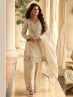 Evanik Cream Silk Blend Mirror Embroidery Work Kurti Palazzo Set With Dupatta | Grocsy