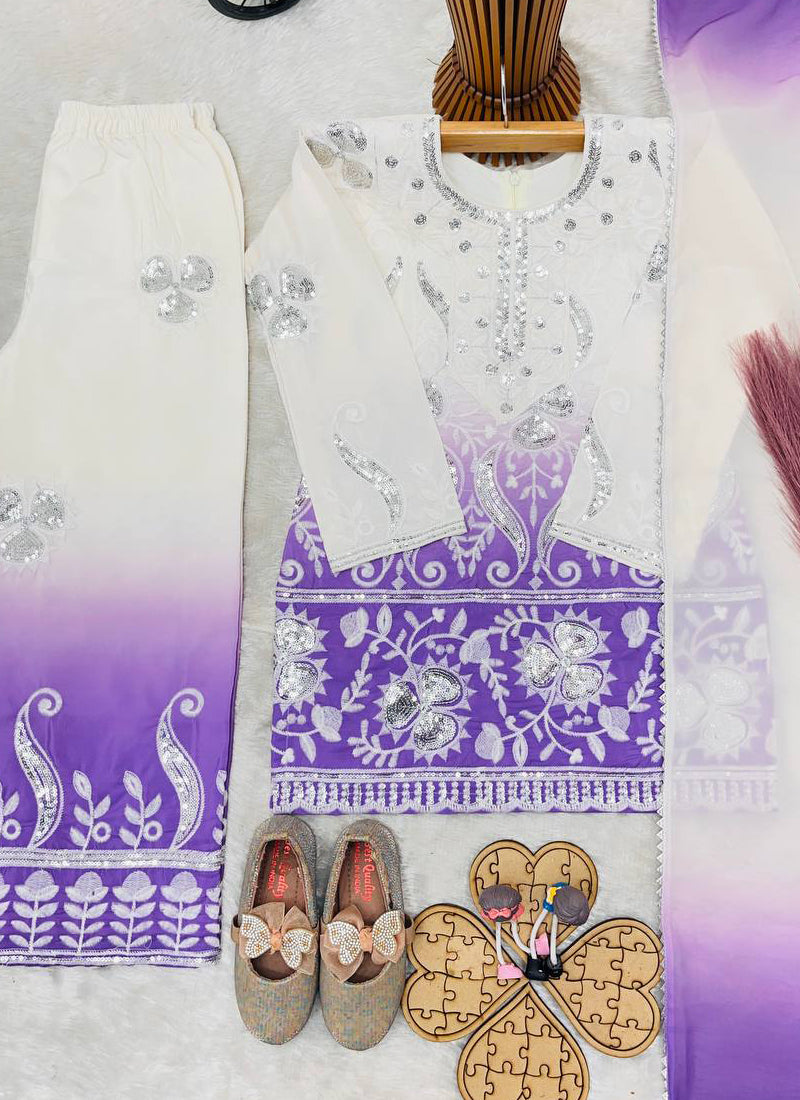 Evanik Purple Designer Party Wear Heavy Natural Crepe Kids Top Palazzo & Dupatta Set | Grocsy