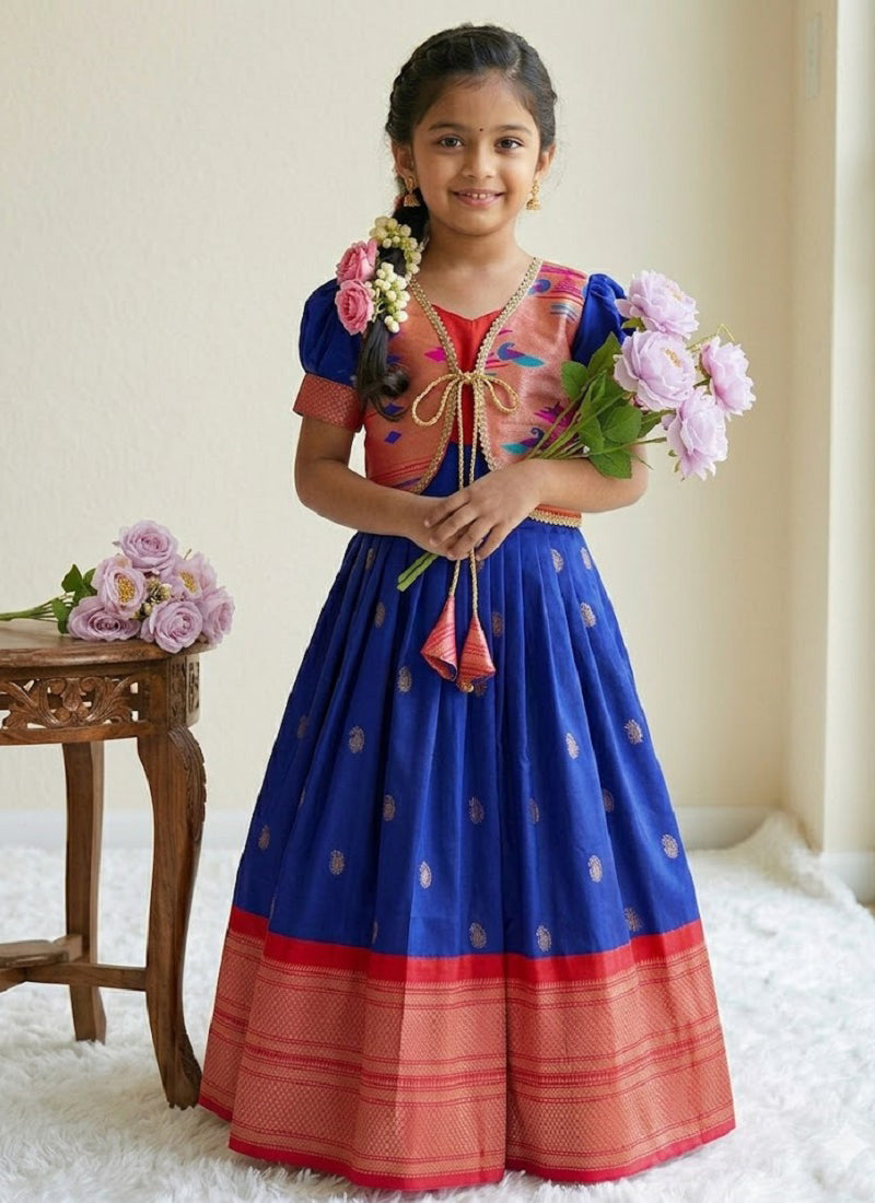 Evanik Blue Soft Paithani Silk Zari Weaving Pavadai For Kids Gown & Koti | Grocsy