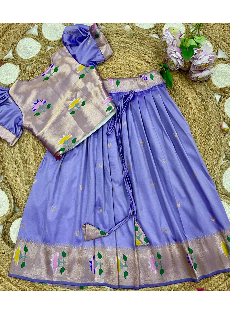 Evanik Purple Soft Silk Paithani Design Zari Weaving Pavadai Lehenga Choli For Kids | Grocsy