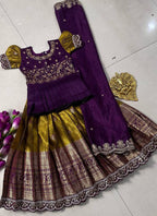 Evanik Kids Mustard Simmer Silk Zari Weaving Pavadai Lehenga Choli Set | Grocsy