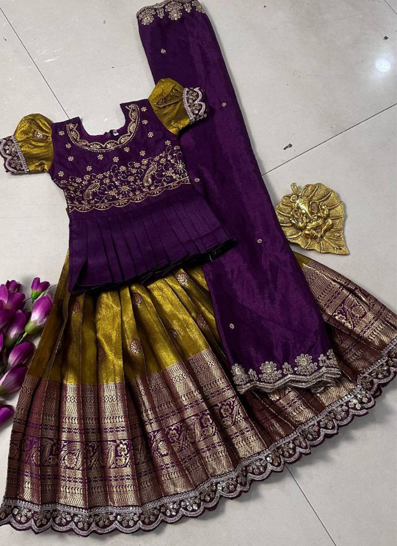 Evanik Kids Mustard Simmer Silk Zari Weaving Pavadai Lehenga Choli Set | Grocsy