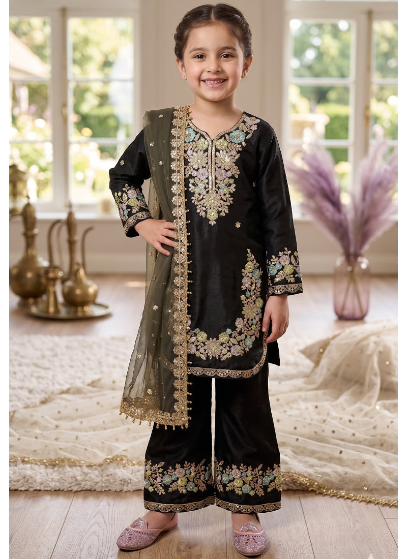 Evanik Black Kids Festival Wear Black Embroidered Silk Kurta Palazzo Set | Grocsy