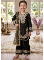 Evanik Black Kids Festival Wear Black Embroidered Silk Kurta Palazzo Set | Grocsy