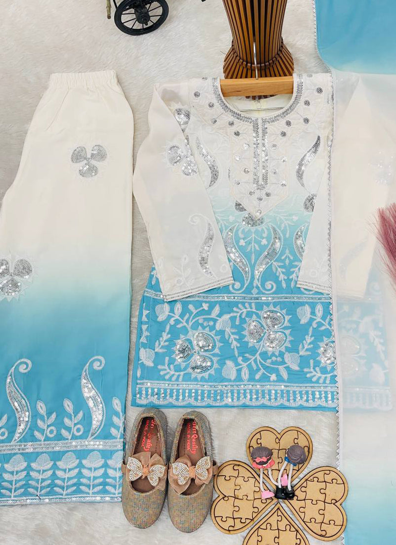 Evanik Sky Blue Designer Party Wear Heavy Natural Crepe Kids Top Palazzo & Dupatta Set | Grocsy