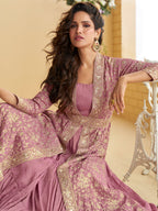 Evanik Pink Chinon Silk With Embroidered Work Gown With Shrug & Belt | Grocsy