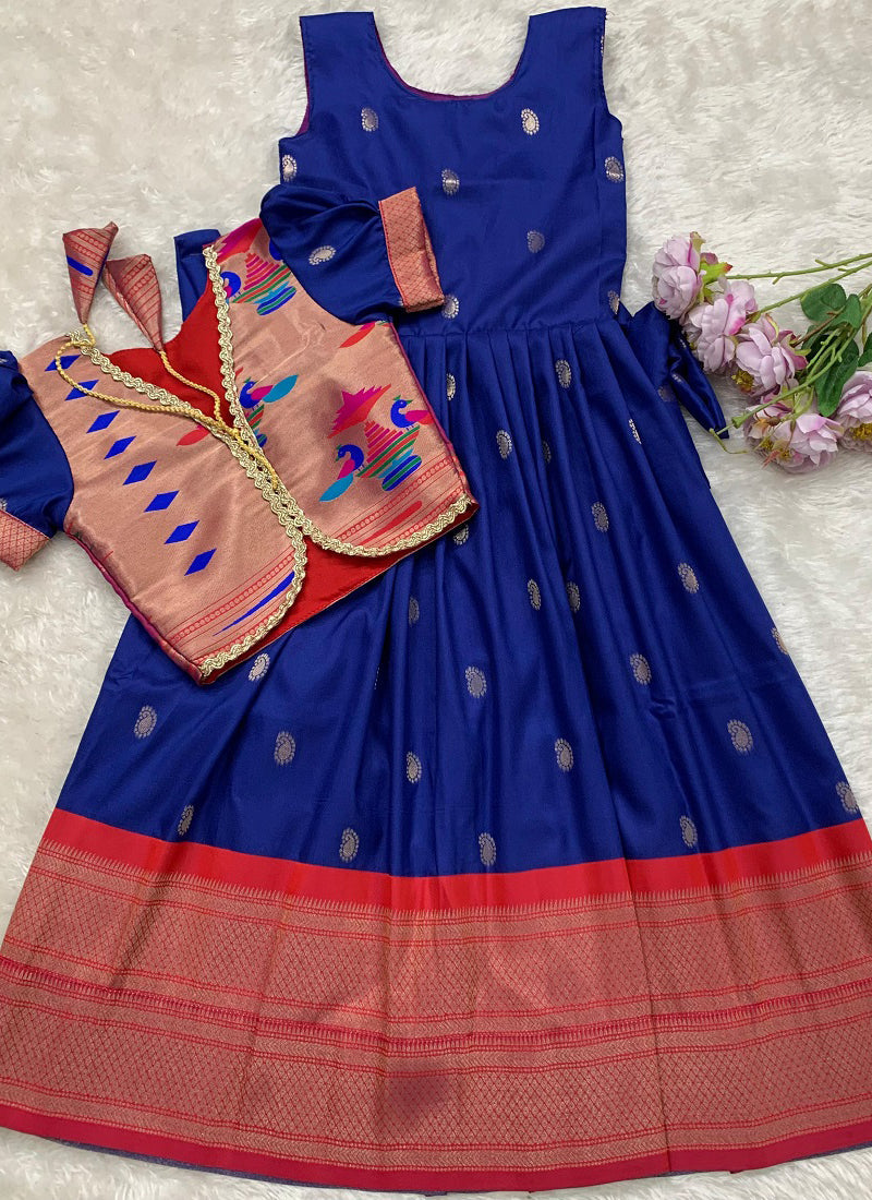 Evanik Blue Soft Paithani Silk Zari Weaving Pavadai For Kids Gown & Koti | Grocsy