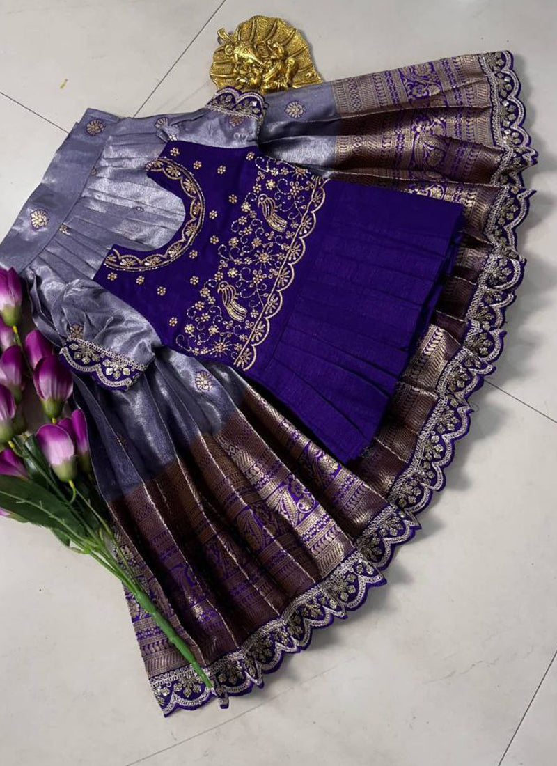 Evanik Kids Purple Simmer Silk Zari Weaving Pavadai Lehenga Choli Set | Grocsy