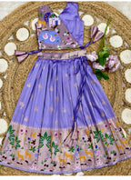Evanik Purple Soft Silk Paithani Design Zari Weaving Pavadai Lehenga Choli For Kids | Grocsy