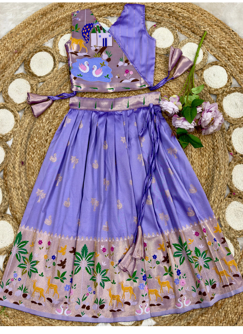 Evanik Purple Soft Silk Paithani Design Zari Weaving Pavadai Lehenga Choli For Kids | Grocsy