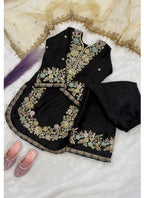 Evanik Black Kids Festival Wear Black Embroidered Silk Kurta Palazzo Set | Grocsy