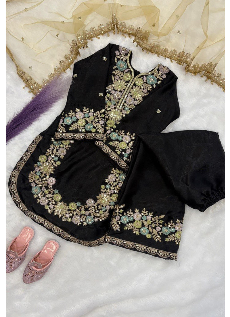 Evanik Black Kids Festival Wear Black Embroidered Silk Kurta Palazzo Set | Grocsy