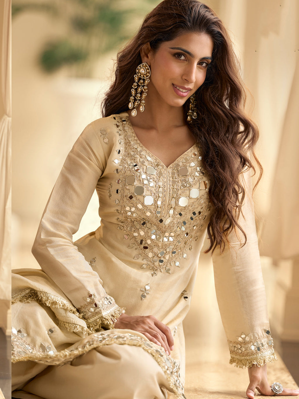 Evanik Cream Silk Blend Mirror Embroidery Work Kurti Palazzo Set With Dupatta | Grocsy