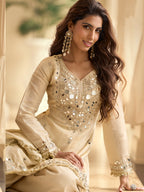 Evanik Cream Silk Blend Mirror Embroidery Work Kurti Palazzo Set With Dupatta | Grocsy