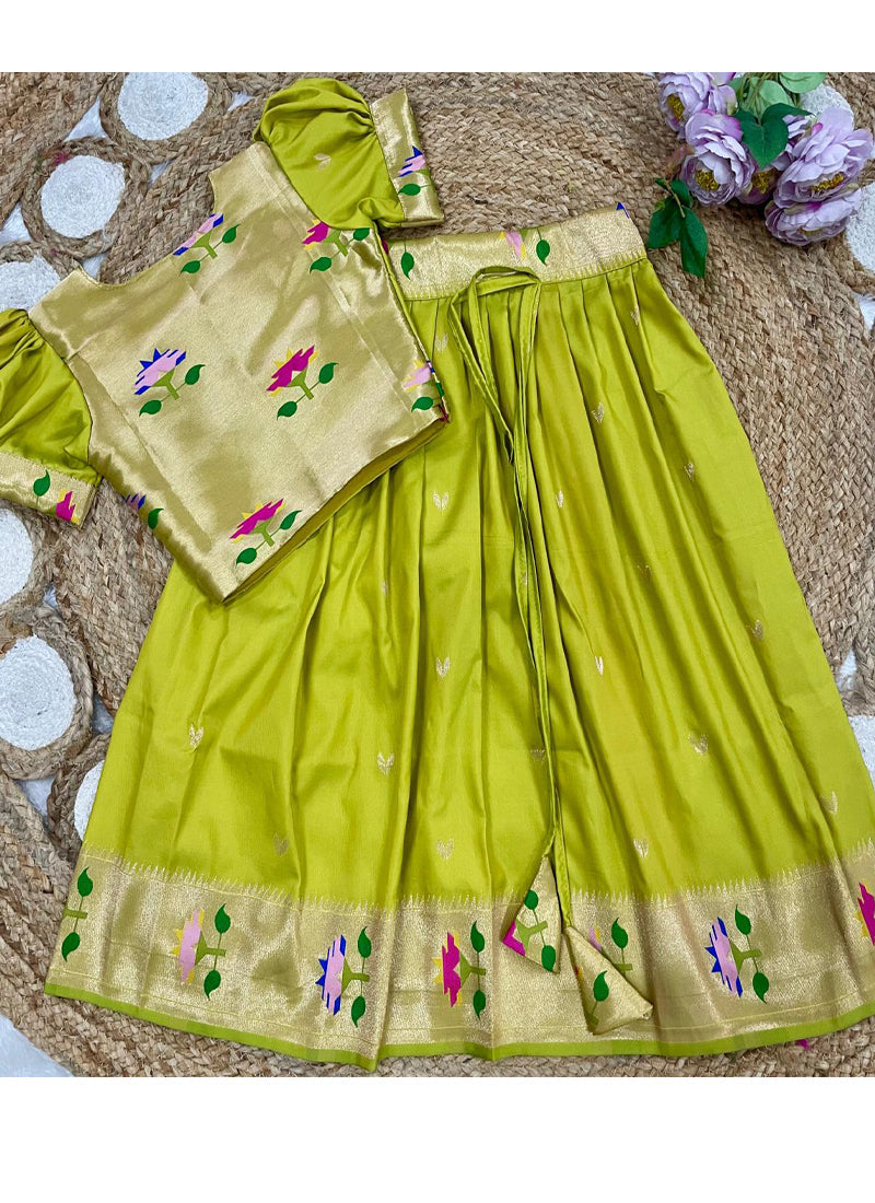 Evanik Green Soft Silk Paithani Design Zari Weaving Pavadai Lehenga Choli For Kids | Grocsy