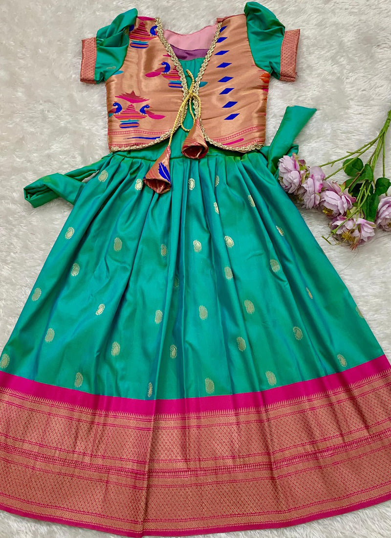 Evanik Turquoise Soft Paithani Silk Zari Weaving Pavadai For Kids Gown & Koti | Grocsy