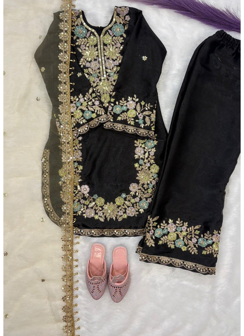 Evanik Black Kids Festival Wear Black Embroidered Silk Kurta Palazzo Set | Grocsy