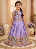 Evanik Purple Soft Silk Paithani Design Zari Weaving Pavadai Lehenga Choli For Kids | Grocsy
