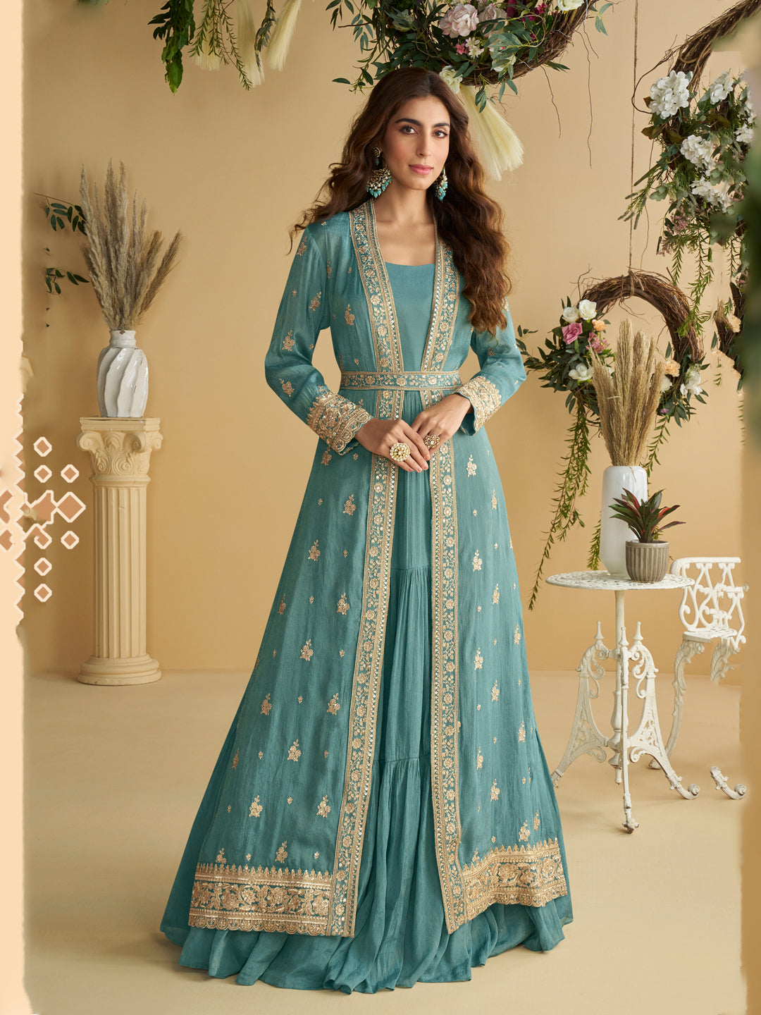 Evanik Teal Chinon Silk With Embroidered Work Gown With Shrug & Belt | Grocsy