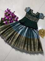 Evanik Kids Seagreen Simmer Silk Zari Weaving Pavadai Lehenga Choli Set | Grocsy