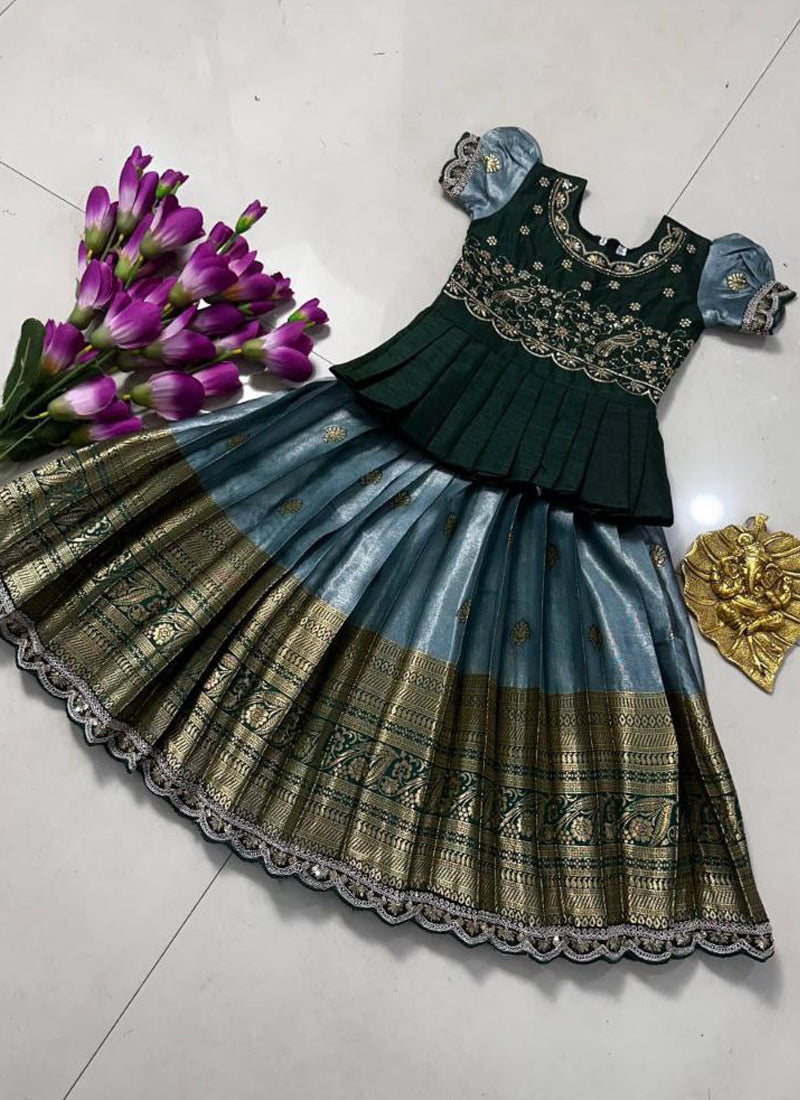 Evanik Kids Seagreen Simmer Silk Zari Weaving Pavadai Lehenga Choli Set | Grocsy