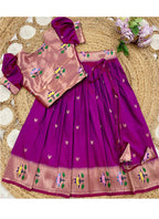 Evanik Pink Soft Silk Paithani Design Zari Weaving Pavadai Lehenga Choli For Kids | Grocsy