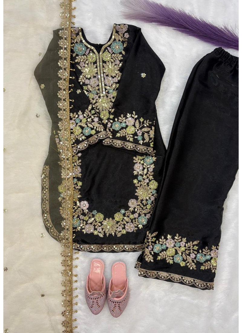 Evanik Black Kids Festival Wear Black Embroidered Silk Kurta Palazzo Set | Grocsy