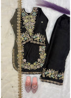Evanik Black Kids Festival Wear Black Embroidered Silk Kurta Palazzo Set | Grocsy