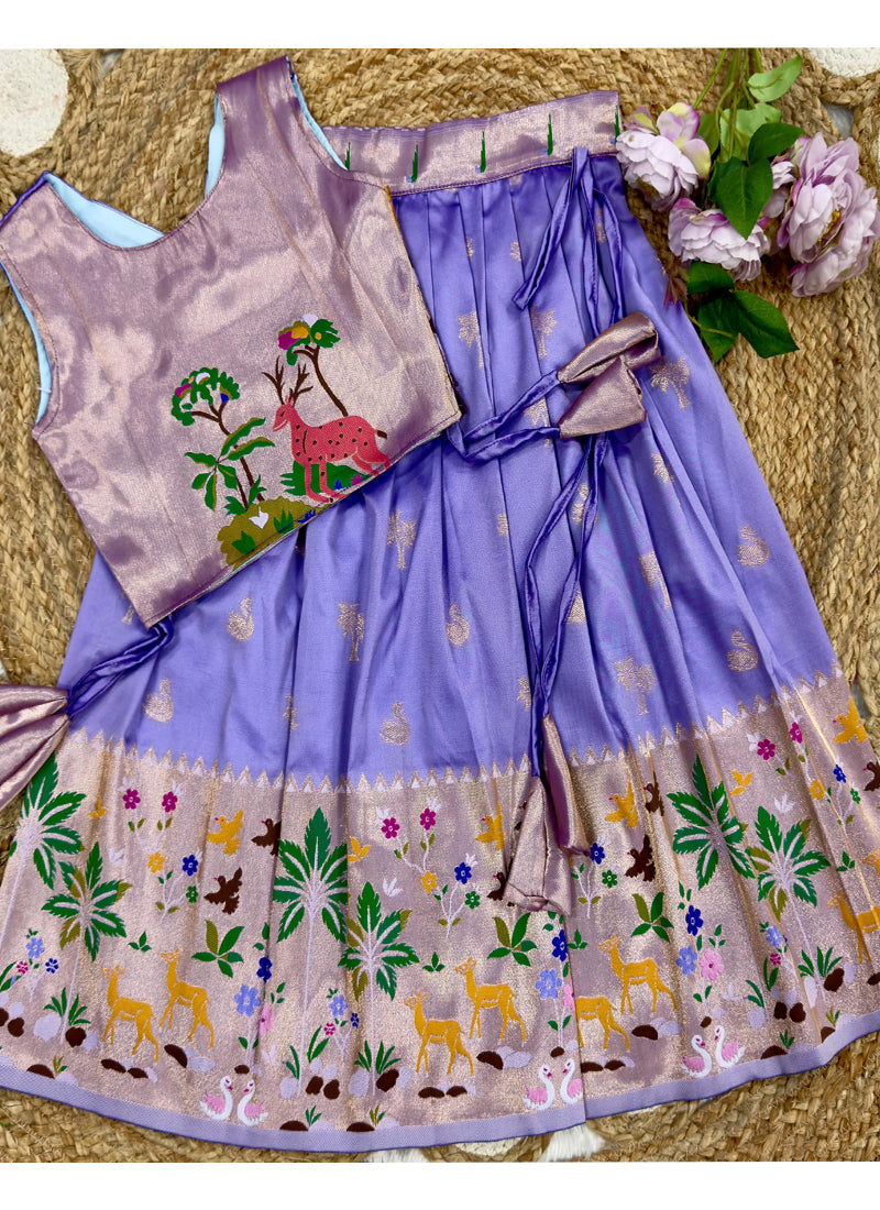 Evanik Purple Soft Silk Paithani Design Zari Weaving Pavadai Lehenga Choli For Kids | Grocsy