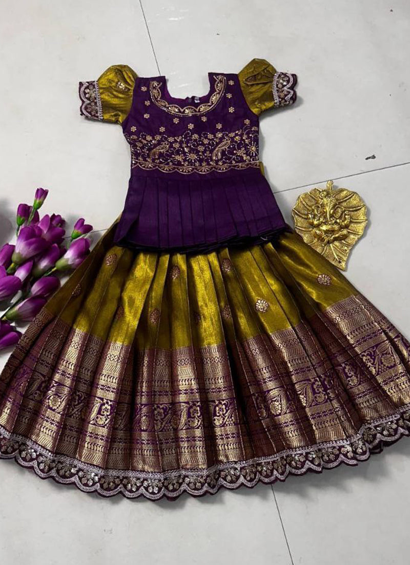Evanik Kids Mustard Simmer Silk Zari Weaving Pavadai Lehenga Choli Set | Grocsy