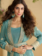 Evanik Teal Chinon Silk With Embroidered Work Gown With Shrug & Belt | Grocsy