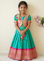 Evanik Turquoise Soft Paithani Silk Zari Weaving Pavadai For Kids Gown & Koti | Grocsy