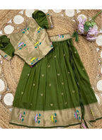 Evanik Green Soft Silk Paithani Design Zari Weaving Pavadai Lehenga Choli For Kids | Grocsy