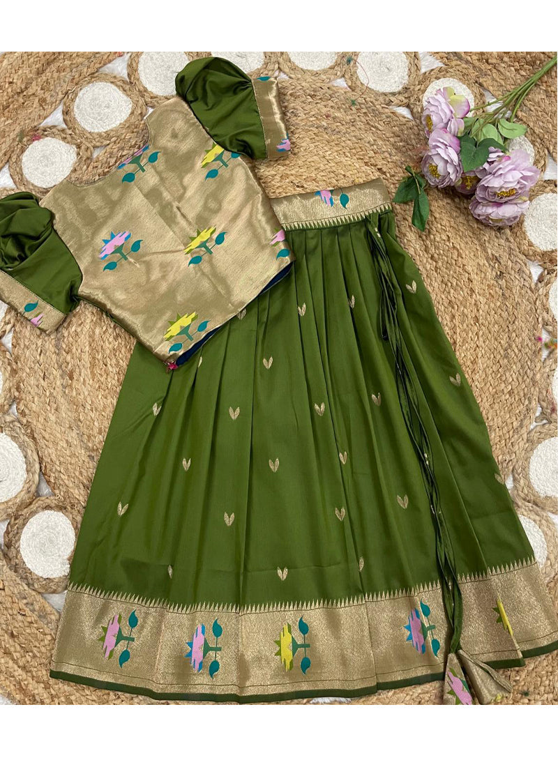 Evanik Green Soft Silk Paithani Design Zari Weaving Pavadai Lehenga Choli For Kids | Grocsy
