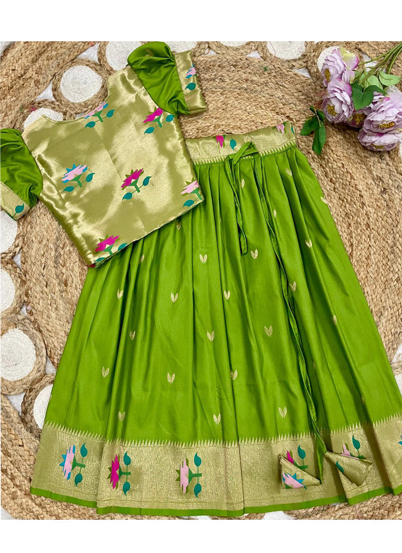 Evanik Green Soft Silk Paithani Design Zari Weaving Pavadai Lehenga Choli For Kids | Grocsy