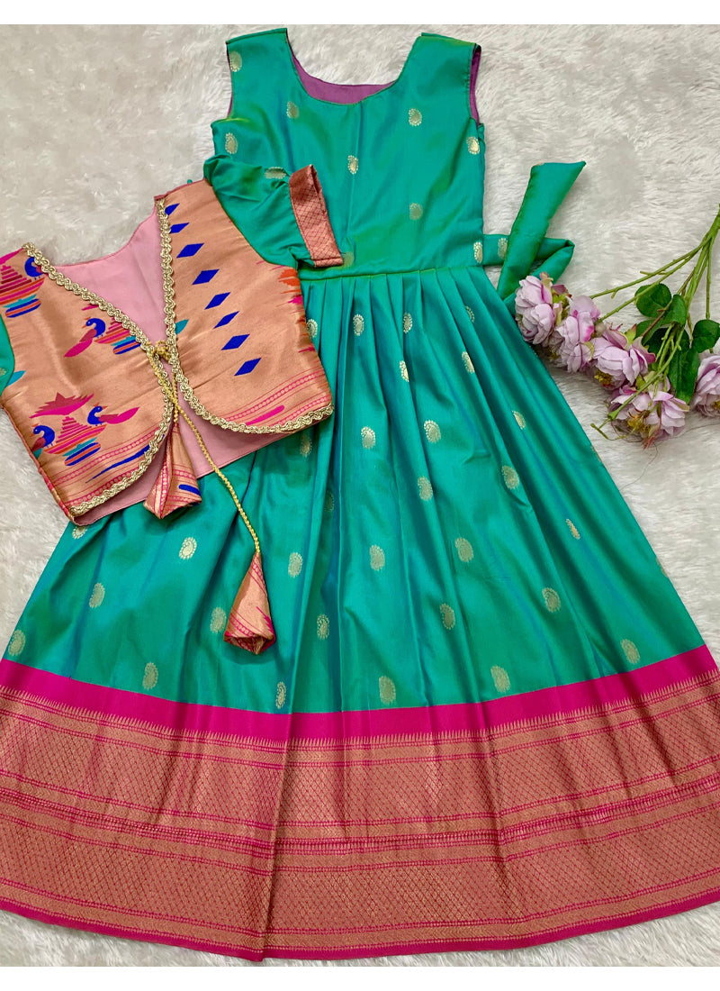 Evanik Turquoise Soft Paithani Silk Zari Weaving Pavadai For Kids Gown & Koti | Grocsy