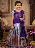 Evanik Kids Purple Simmer Silk Zari Weaving Pavadai Lehenga Choli Set | Grocsy