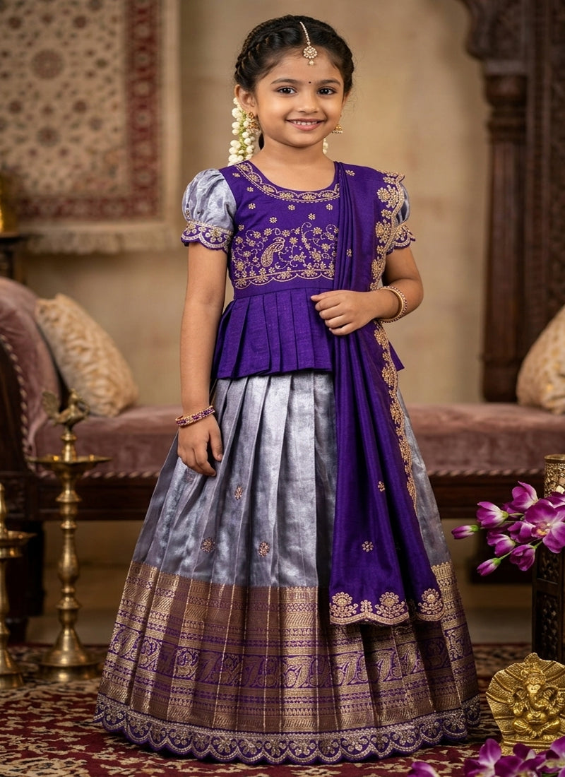 Evanik Kids Purple Simmer Silk Zari Weaving Pavadai Lehenga Choli Set | Grocsy