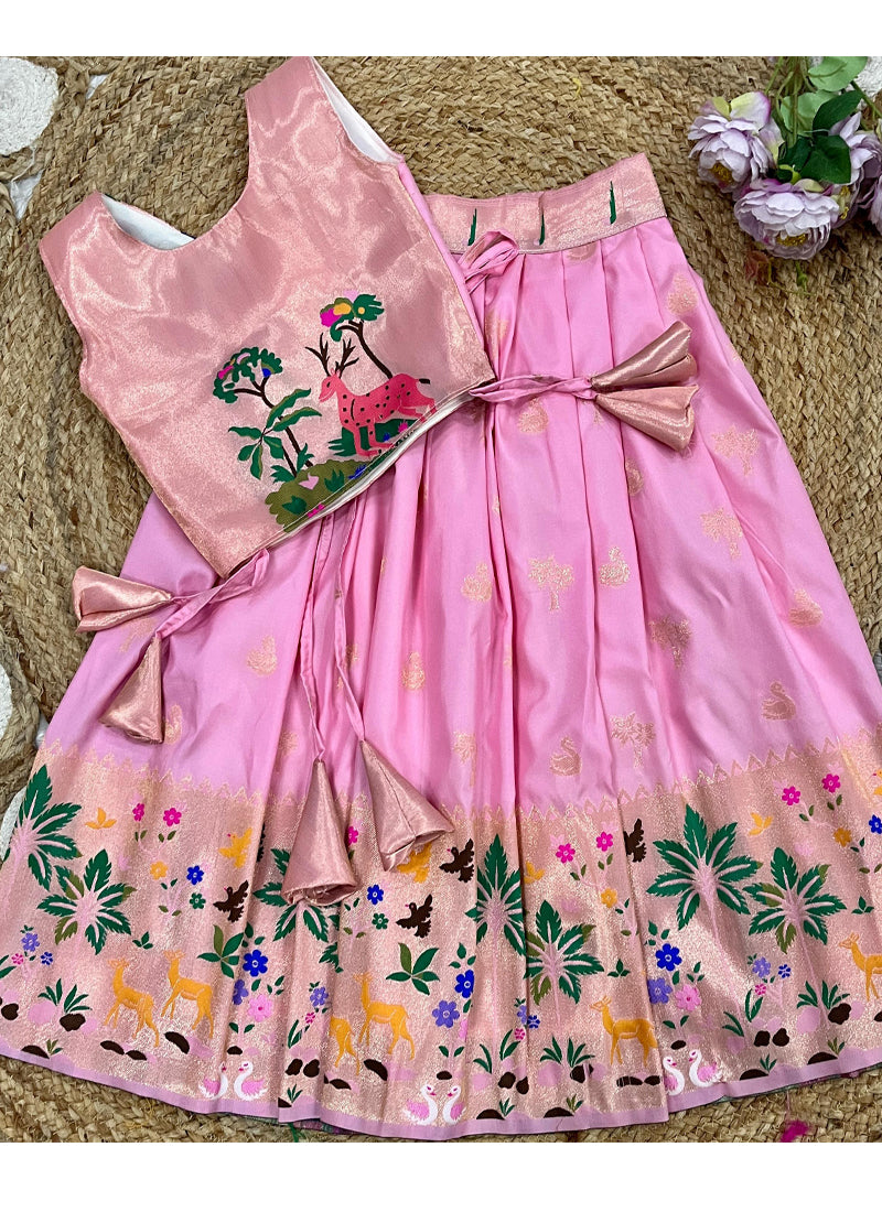 Evanik Pink Soft Silk Paithani Design Zari Weaving Pavadai Lehenga Choli For Kids | Grocsy