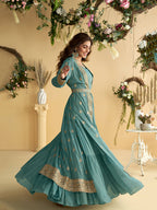 Evanik Teal Chinon Silk With Embroidered Work Gown With Shrug & Belt | Grocsy