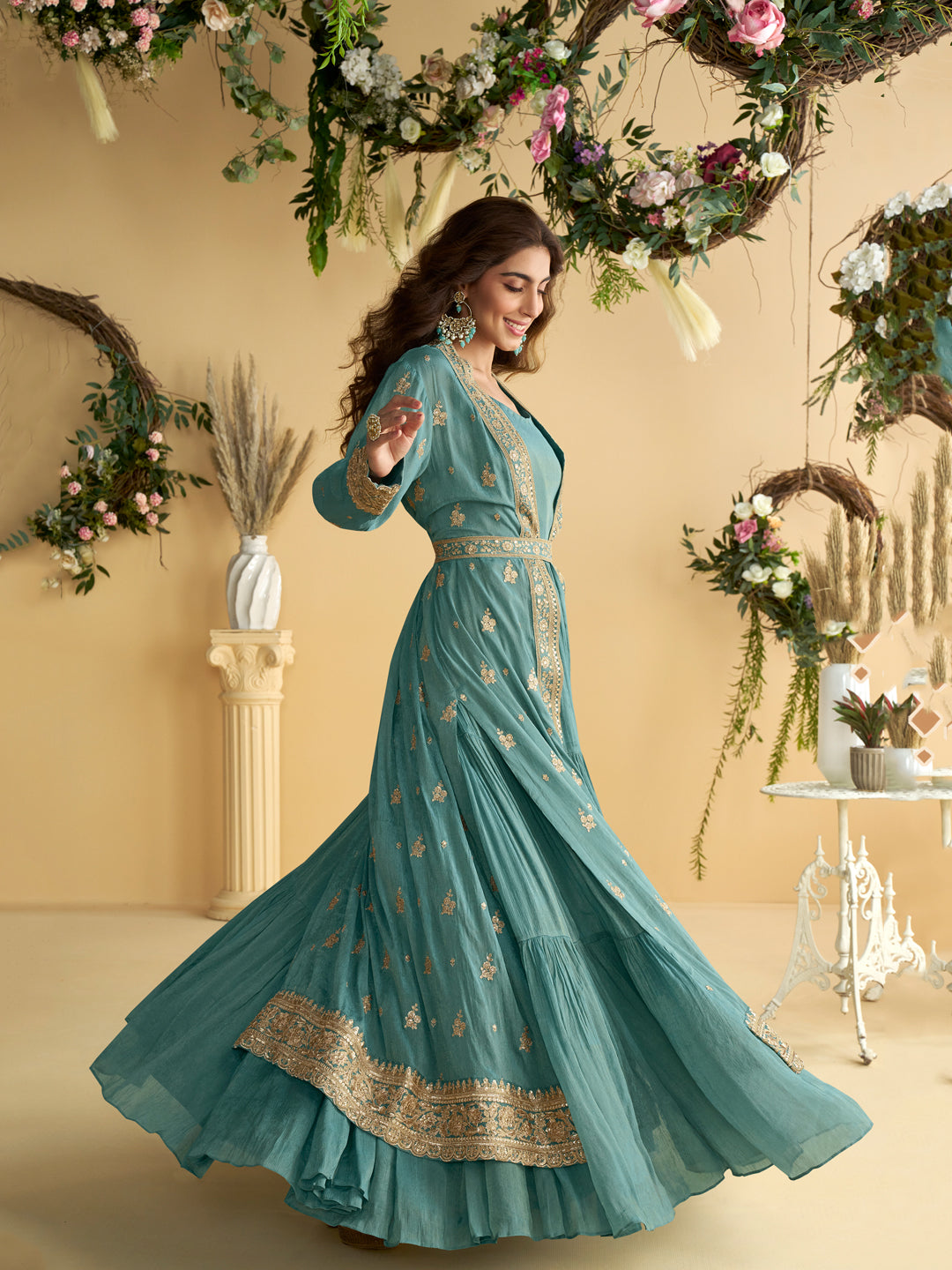 Evanik Teal Chinon Silk With Embroidered Work Gown With Shrug & Belt | Grocsy